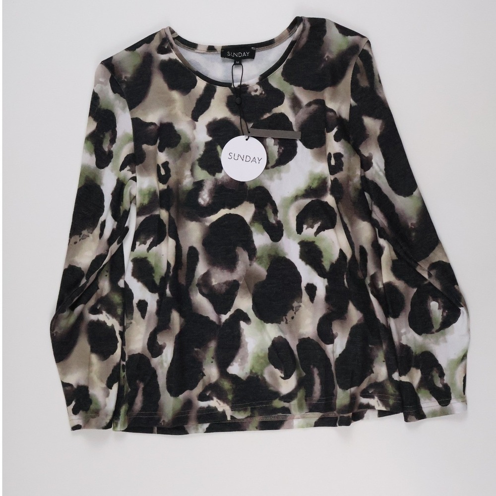 Sunday Long Sleeve Top Leopard Animal Print Green Black Medium NWT